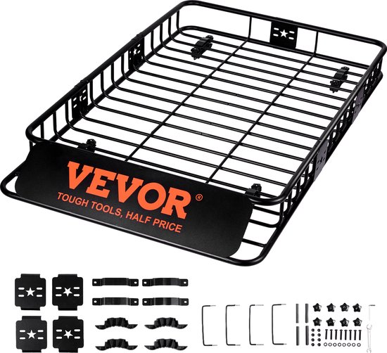Panier de toit noir avec le logo VEVOR et divers supports de montage et pièces de fixation.