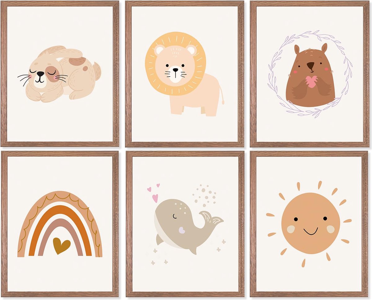 La'Moussawi ® Charmante Boho Dierenposters voor Kinderen - 6-Delige Set voor Kleurrijke Kinderkamerdecoratie