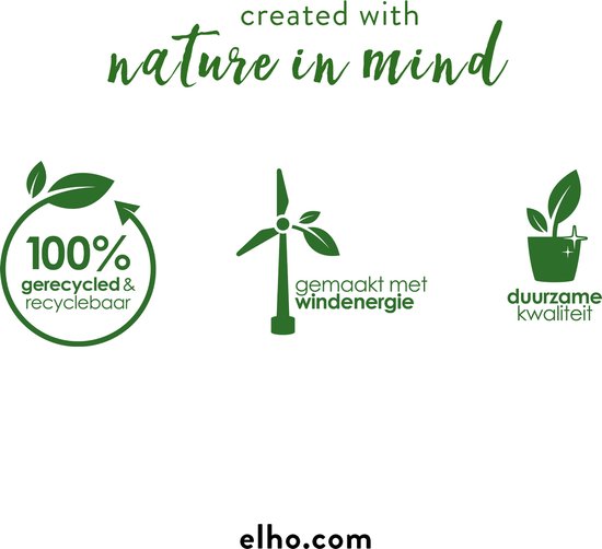 Groene iconen: een cirkel met '100% gerecycled & recyclebaar', een windmolen met 'gemaakt met windenergie' en een potje met 'duurzame kwaliteit'.