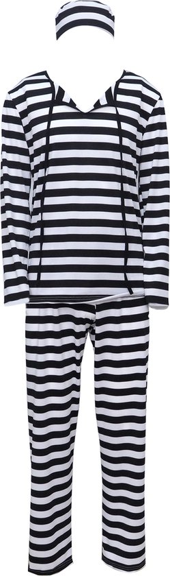 Compleet gevangenis kostuum met gestreepte lange mouwen top, broek en muts.