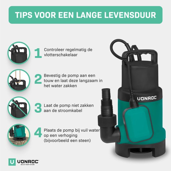 VONROC Pompe submersible – Pompe eau sale – Pompe à eau – 900W – 16000 l/h – Pour eau sale et propre – Avec flotteur