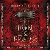 Boekomslag van 'Iron & Embers' met een smeedhamer en rode sierlijke patronen.
