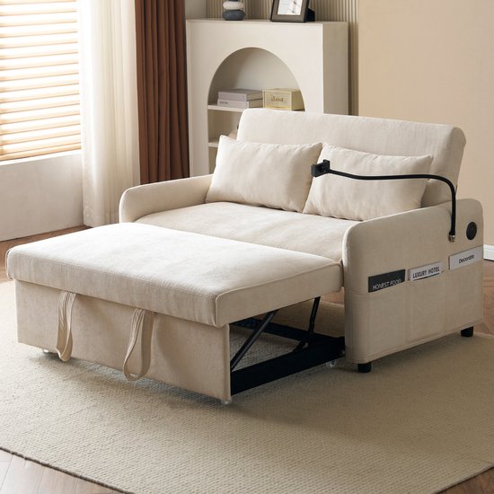 Canapé-lit Convertible Avec Porte-gobelets Et Support Téléphone - Velours Beige, Pour Salon/chambre