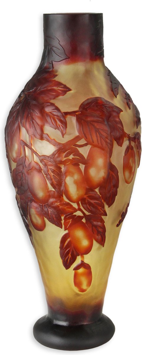 Cameo glazen vaas met druiven – decoratieve Art Nouveau vaas in reliëf – stijlvolle antieke glazen sier vaas van 39 cm hoog – 1,7 kg