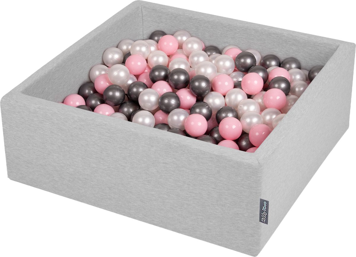 KiddyMoon Ballenbak vierkant voor kinderen 90x30cm - 200 kleurrijke ballen ∅7cm - Speelgoed baby schuim - Ballenbad baby foam - Kunststof ballen - Ballenbak ballen - Voor sensorische - Lichtgrijs: Parel Poederroze Zilver