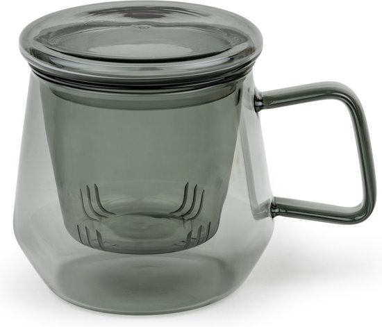 Tasse à thé gris foncé avec couvercle et filtre intégré. Construction à double paroi.