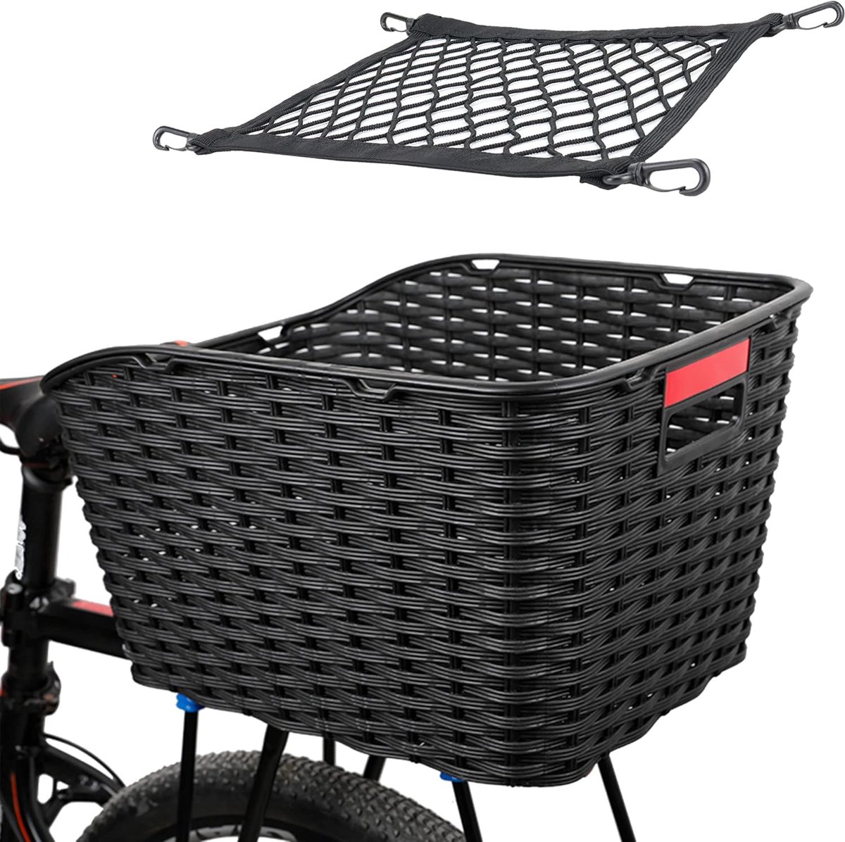 Fietsmand Achter 27L - Gevlochten Kunststof Riet - Weerbestendig & Roestvrij - Fietsmand voor Bagagedrager - Inclusief Bevestigingsmateriaal, Kabelbinders, Bagagenet & Waterdichte Hoes