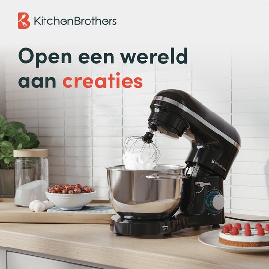 KitchenBrothers 2000W Keukenmachine - Keukenrobot - 6,2L - Mixer met Mengkom - Keukenmixer - Zwart