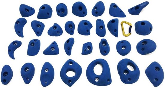 Set van 30 effen kobaltblauwe klimgrepen, inclusief gouden karabijnhaak.
