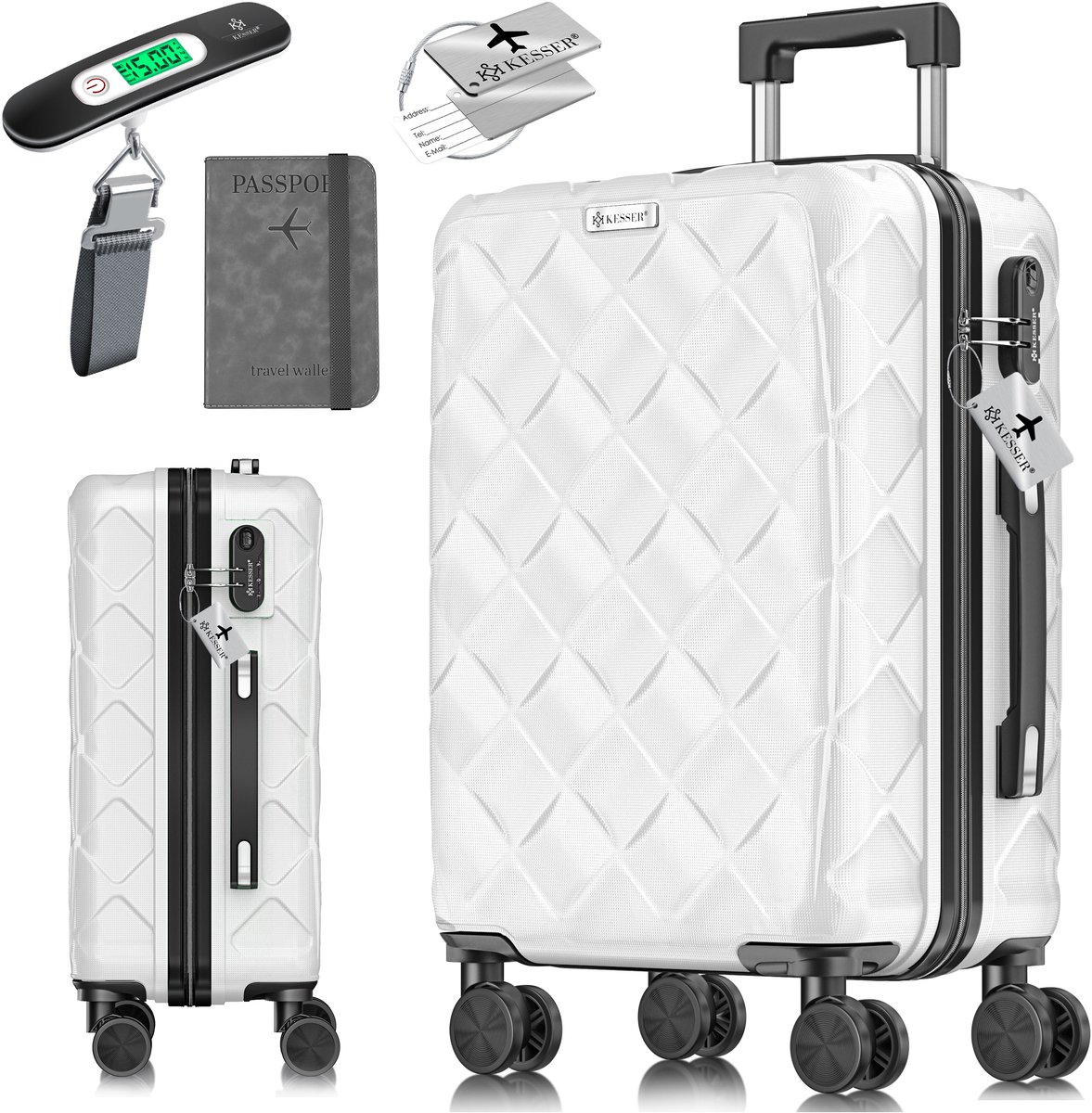 KESSER® Reiskoffer met Wielen 55L | Handbagage / Ruimbagage Koffer inclusief Paspoorthouder & kofferweegschaal & bagagelabel | Trolley Koffers met TSA Cijferslot - Wit