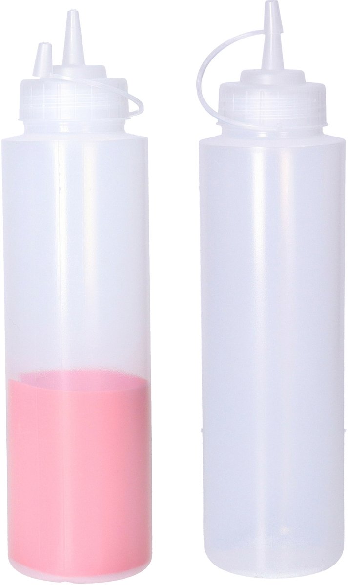 CM Doseerfles/sausfles transparant - 2x - kunststof - met schenktuit - 750 ml - 28 x 7 cm - Pannenkoeken/poffertjes