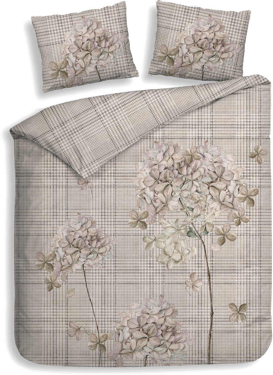 Heckettlane Dekbedovertrek Rory - Bedlinnen met Bloemen print - 200x220 cm - Beige - Dekbedhoes van 100% Katoen-Twill