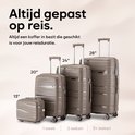 Vier koffers van verschillende formaten (13", 20", 24", 28") naast elkaar met tekst over reisduur.