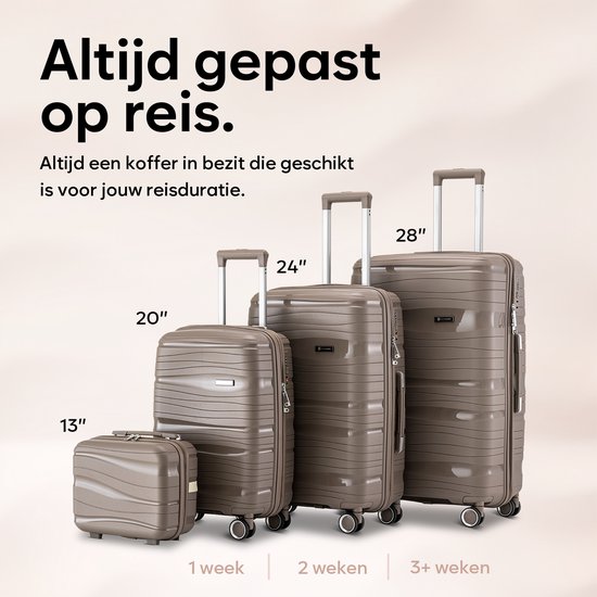 Vier koffers van verschillende formaten (13", 20", 24", 28") naast elkaar met tekst over reisduur.