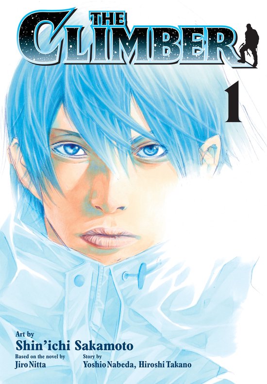 Klassieke manga cover, "The Climber 1" met anime-stijl portret van een jongeman met blauw haar en ogen, gekleed in een witte jas.