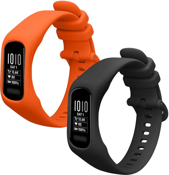 Un bracelet de montre orange et un noir, tous deux avec un écran, sont posés l'un sur l'autre.