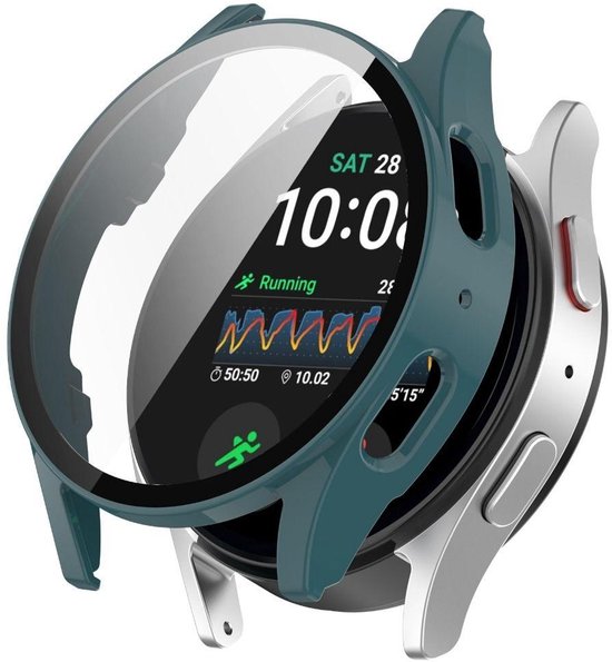 Dennengroen smartwatch hoesje met screenprotector, om een zilveren smartwatch.