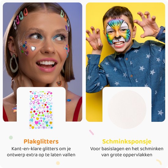Vrouw met glitters op gezicht en jongen met tijger-gezichtsverf.