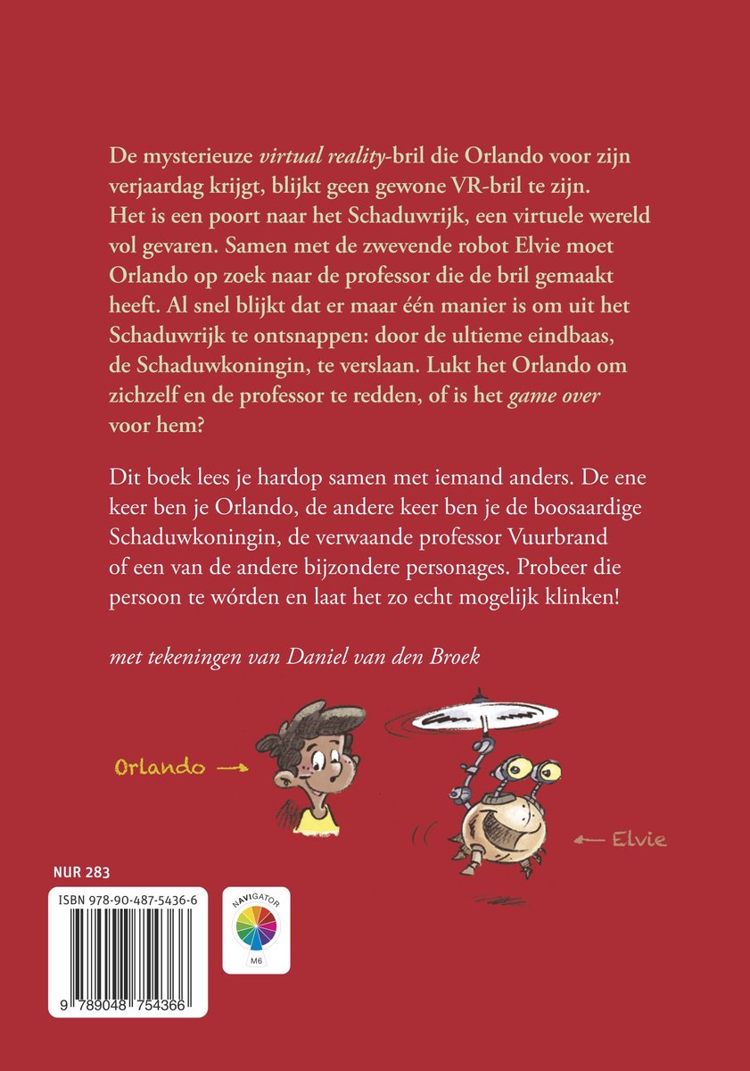 De achterkant van een kinderboek met een tekening van de personages Orlando en Elvie.