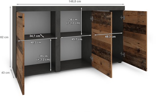 Promeubels - Dressoir Rocky 2 - Old wood / Antraciet - 149 cm - Commode - Woonkamer - Slaapkamer - Opbergkast
