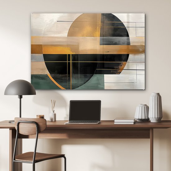 MuchoWow® Glasschilderij 120x80 cm - Schilderij acrylglas - Abstract - Goud - Brons - Groen - Vormen - Modern - Foto op glas - Muurdecoratie woonkamer - Wanddecoratie slaapkamer - Schilderijen
