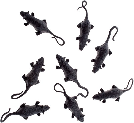 Zwarte plastic speelgoedratjes met lange staarten, op witte achtergrond.