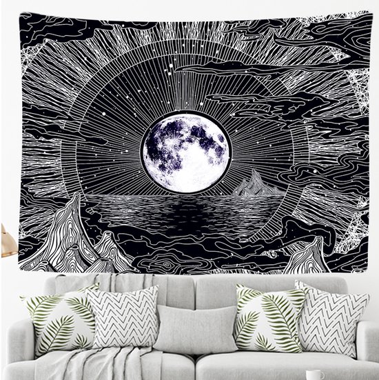 Ulticool Wandkleed 200x150 cm – Maan Sterrenhemel Natuur Bohemian – Met Bevestigingspinnen - voor Binnen - Aesthetic Room Decor Wandtapijt Decoratie Posters Boho Wanddoek Slaapkamer Tarot Kaarten Heks Zwart - Vrouw Man Tiener Meisje