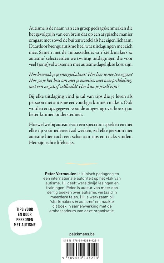Achterkant van het boek met tekst over autisme, Peter Vermeulen en levenshacks.