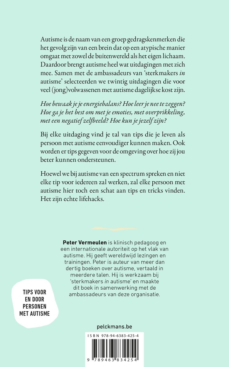 Achterkant van het boek met tekst over autisme, Peter Vermeulen en levenshacks.