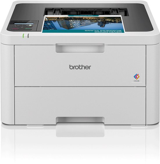 Witte Brother laserprinter met papier uit de uitvoerlade met de tekst 'DEVELOPING BUSINESS PLANS OUR STRATEGY'.