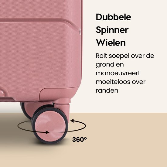Roze koffer met 360° dubbele spinnerwielen voor soepele manoeuvreerbaarheid.