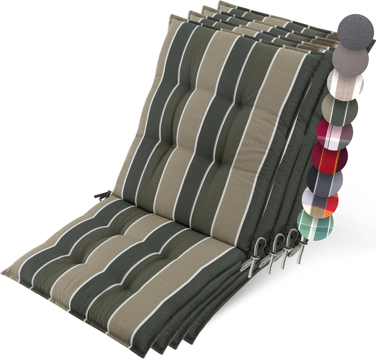 Beautissu Sun-NL – Set van 4 Premium Lage Rugleuning Kussen 100x50 cm - UV-bestendig & 8cm Dik Kussen Tuinstoelkussen Antislip Bevestigingsbanden – Stevige Stof Groen Gestreept