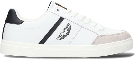 Sneaker PME Legend blanche avec bout en daim, bande latérale bleu marine et sur le talon.
