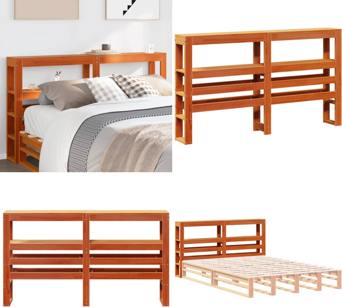VidaXL Hoofdbord met schappen 160 cm massief grenenhout wasbruin Hoofdbord Hoofdborden Bed Hoofdbord Bedhoofdbord