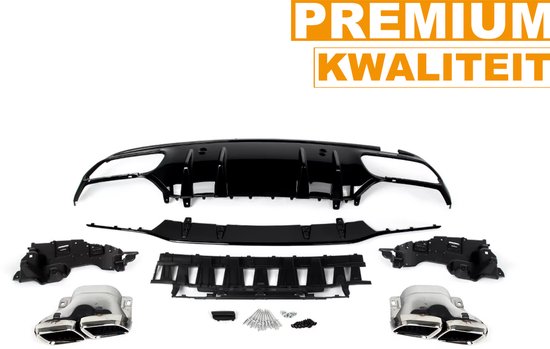 Complete set met glanzend zwarte diffuser, chromen dubbele uitlaattips en montageonderdelen.