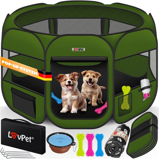 LOVPET® Puppyren voor Kleine Dieren Honden Katten - Opvouwbaar Hondenren inclusief kom en Haringen - Puppy Ren Pop-up Systeem Indoor & Outdoor Konijnenren -