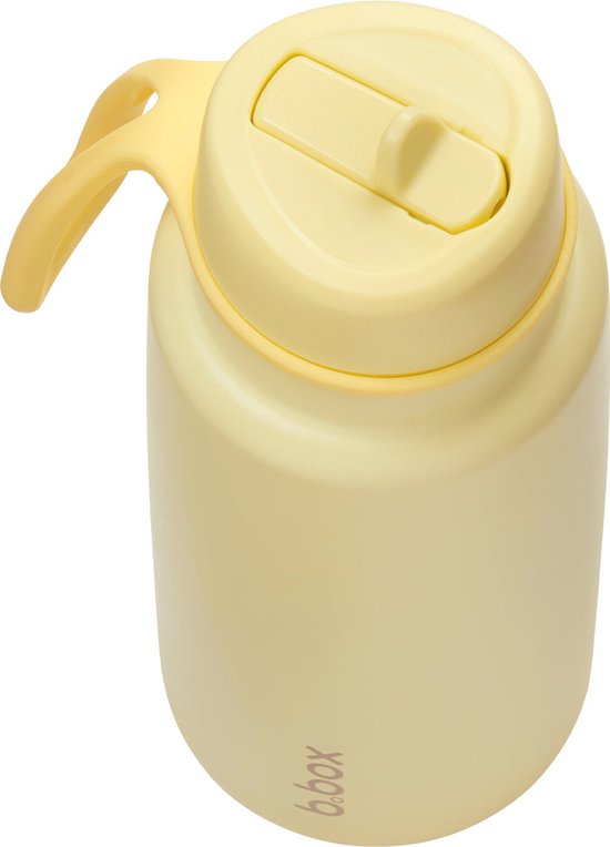 Bovenaf van de lichtgele b.box drinkfles met geel fliptop deksel.