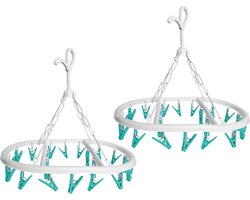 CM Wasgoed droogcarrousel/droogmolen - 2x - 20 clips/knijpers - wit/groen - kunststof - 29 x 42 cm