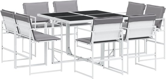 Witte tuintafel met 8 grijze stoelen met witte frames