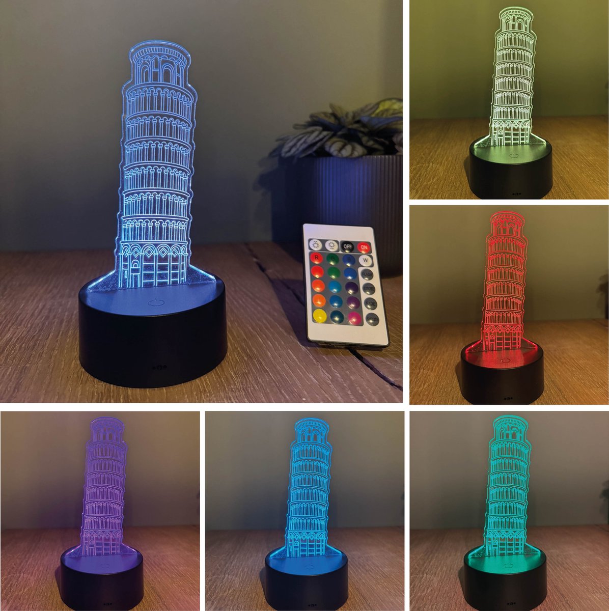 Klarigo® Nachtlamp - Toren van Pisa - 3D LED Lamp Illusie – 16 Kleuren – Bureaulamp – Pisa - Vakantie - Italië - Toerisme - Sfeerlamp – Nachtlampje Kinderen – Creative lamp - Met afstandsbediening