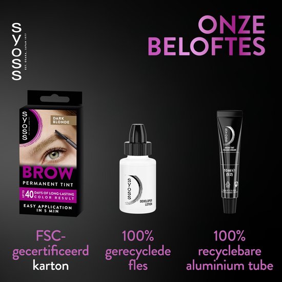 Verpakking van SYOSS Brow Permanent Tint Dark Blonde, Developer Lotion en een tube kleurcrème, met vermelding van FSC-gecertificeerd karton en gerecyclede materialen.