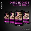 Vier verpakkingen SYOSS Brow Permanent Tint in zwart, donkerblond en lichtbruin met modellen met gekleurde wenkbrauwen.