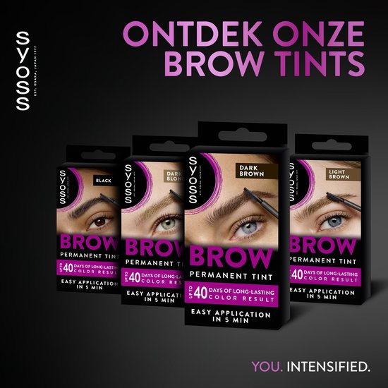Vier verpakkingen SYOSS Brow Permanent Tint in zwart, donkerblond en lichtbruin met modellen met gekleurde wenkbrauwen.