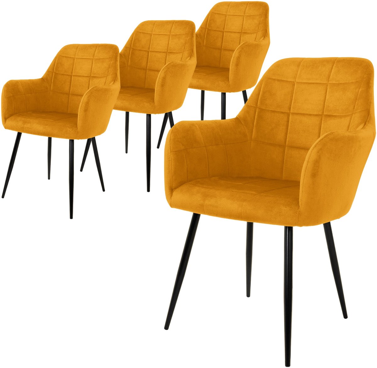 ml-design ECD Germany set van 4 eetkamerstoelen met rugleuning en armleuningen, oker, keukenstoelen met fluwelen bekleding en metalen poten, ergonomische stoelen voor eettafel, woonkamerstoelen Geel