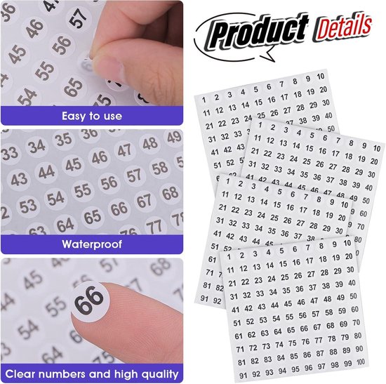 5 vellen kleine cijferstickers, 1-100 doorlopende ronde