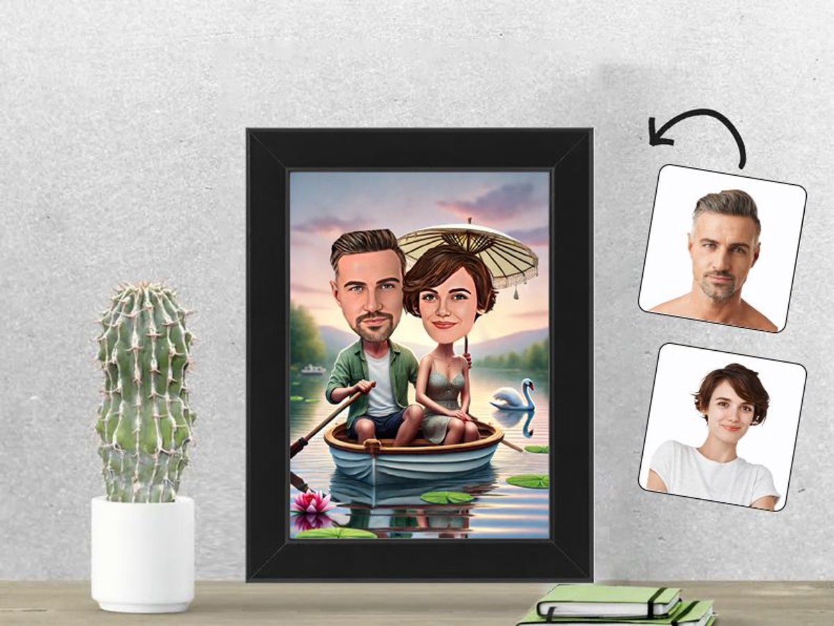 Boottocht bij Zonsondergang met Romantische Sfeer - Gepersonaliseerde Karikatuur Fotolijst 13x18 cm - Gepersonaliseerd Cadeau - Met Jouw Foto - Verjaardag - Kerst - Valentijn - Uniek en Handgemaakt - Cadeau - Huwelijk - Moederdag - Vaderdag -
