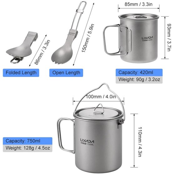 Camping - Mok - Camping Mok - Survival - Tafelgerei - Campingaz - Titanium - Survival Spullen - Picknick - Draagbaar - Bestek - Vork - Lepel — afbeelding 4