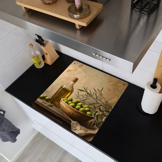 KitchenYeah® Protection plaque induction 78x78 cm - Olives - Nature morte - Vintage - Protege plaque de cuisson - Couvre plaque induction - Protecteur d'induction - Cuisine