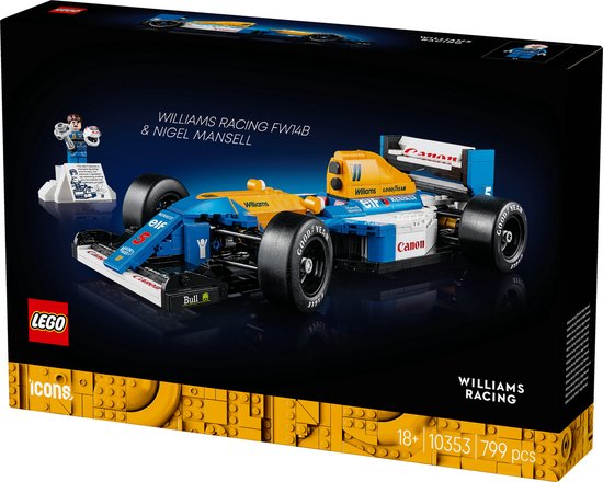 LEGO Williams Racing FW14B doos met een afbeelding van de raceauto en minifiguur.