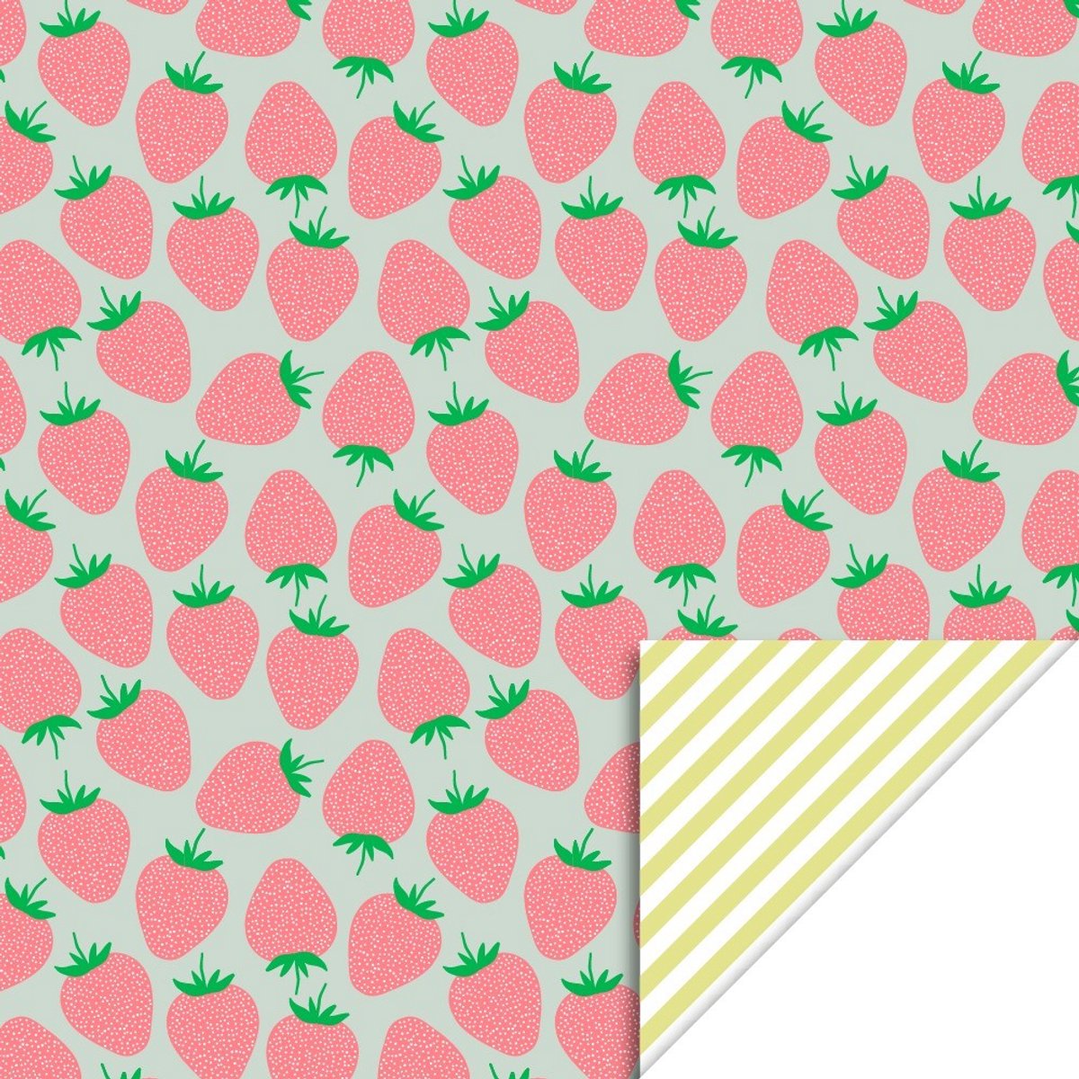 Kadopapier - Inpakpapier - Cadeaupapier - 70 cm x 3 meter - Strawberry Bright Salmon - Stripe Yellow - Aardbeien